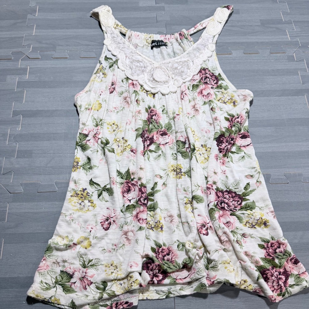 Y2K Wet Seal Vintage Floral Lace Trim Tank Top White Small